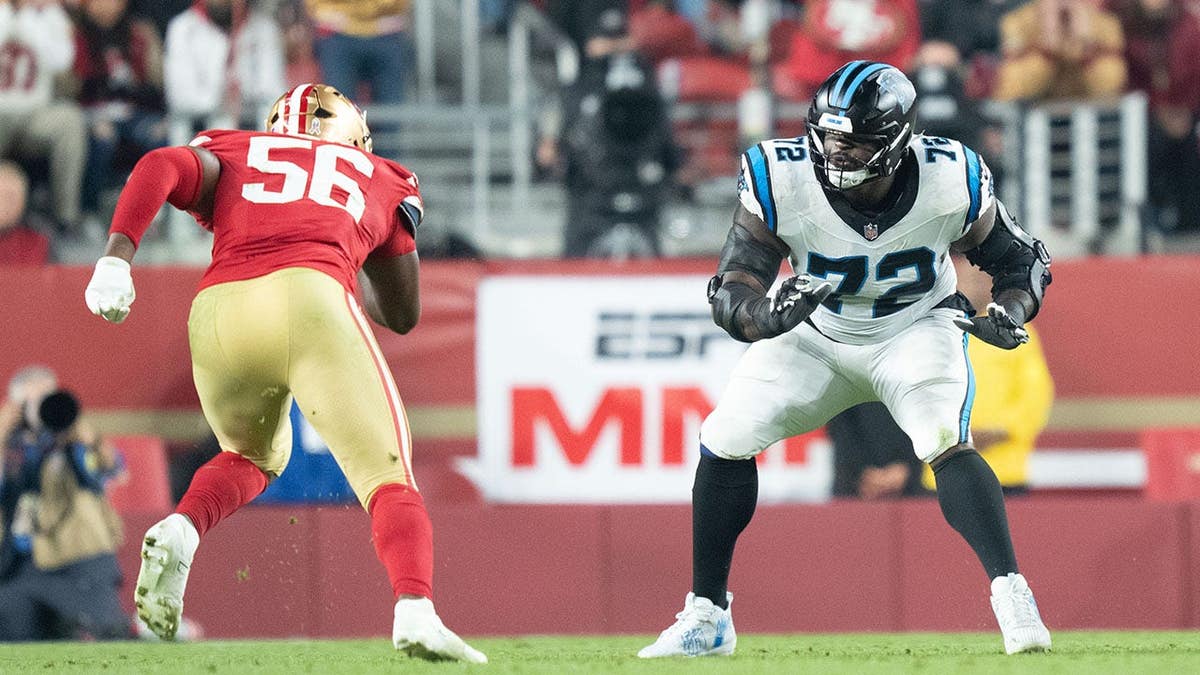 Taylor Moton, Carolina Panthers offensive tackle, stands on the field during a game at Levi's Stadium.