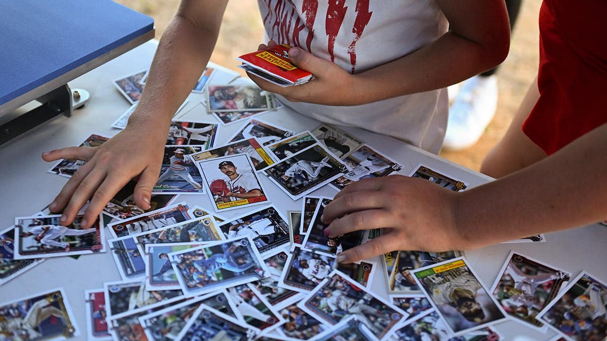 Trading cards displayed during the MLB Summer Drive-In experience at Delsea Drive-In in Vineland, N.J.