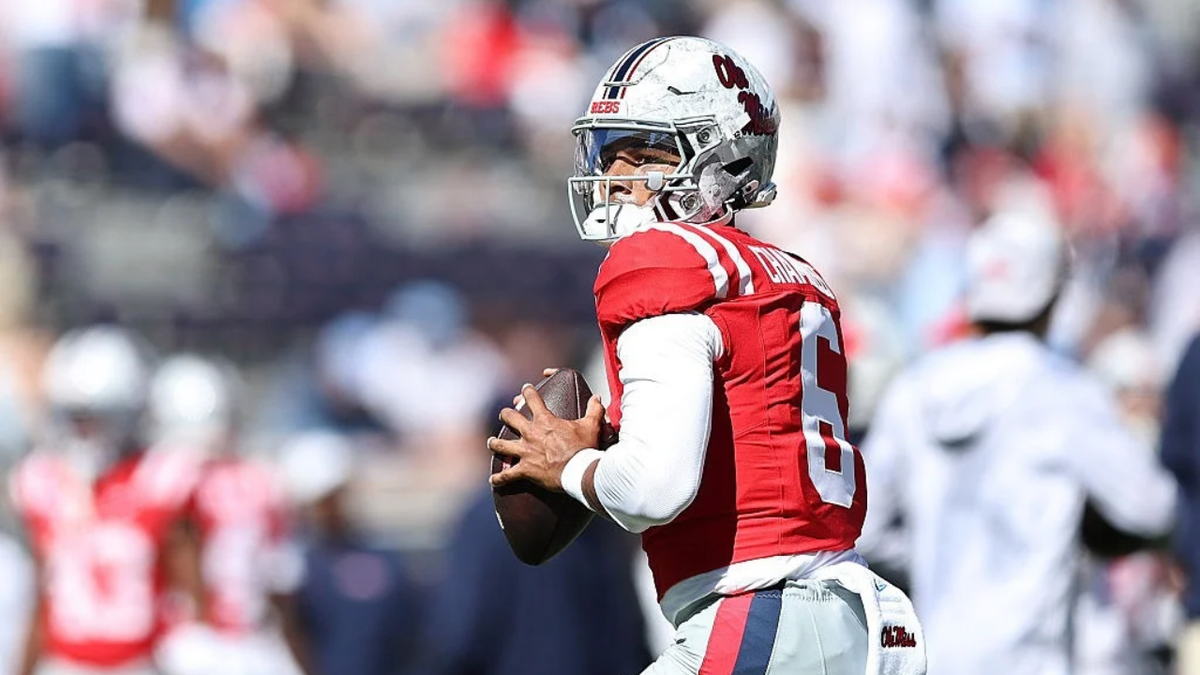 Trinidad Chambliss warms up before a football game at Vaught-Hemingway Stadium.