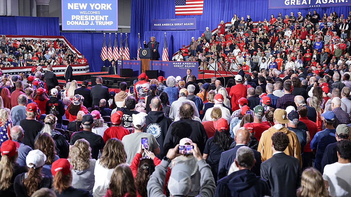 President Donald Trump speaks during an election rally at the Oncenter on Oct. 09, 2026, in Syracuse, N.Y.