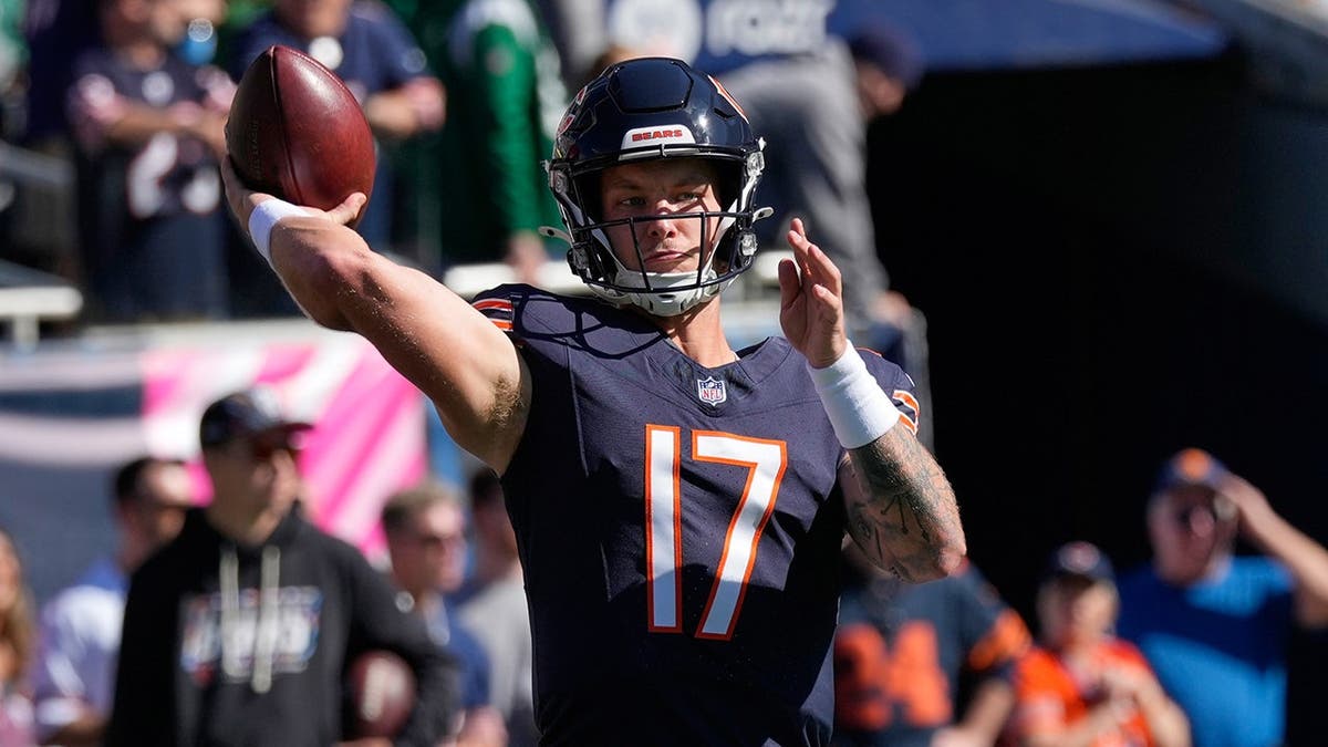 Tyson Bagent warms up before an NFL game against the New York Jets in Chicago.