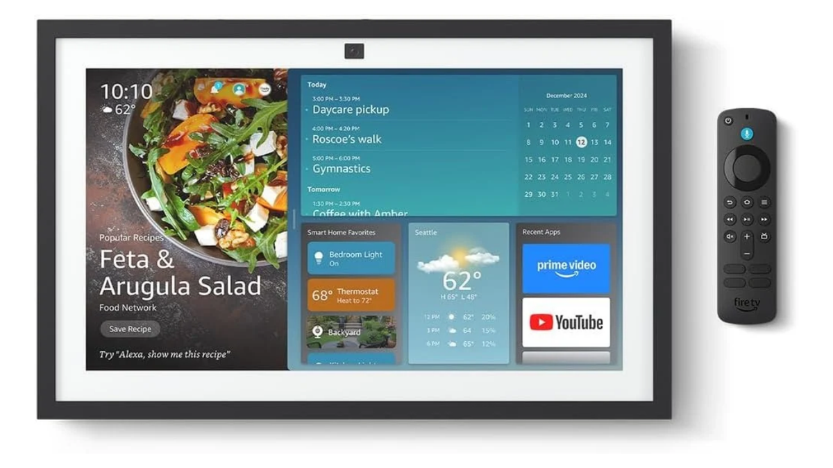 The Echo Show 15 has a larger screen and comes with a remote.