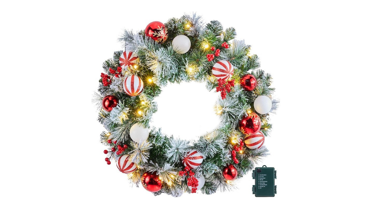 This wreath comes pre-decorated for a festive front door.