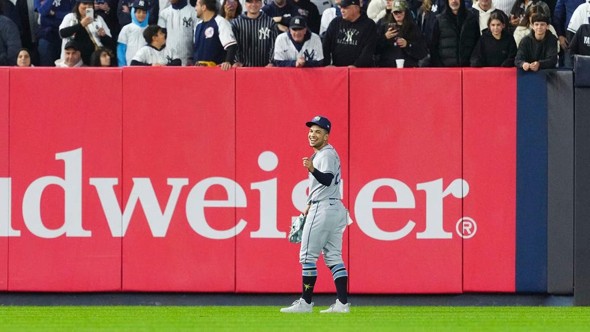 Victor Mesa Jr. of the Tampa Bay Rays reacts at Yankee Stadium during Game Three of the American League Division Series.