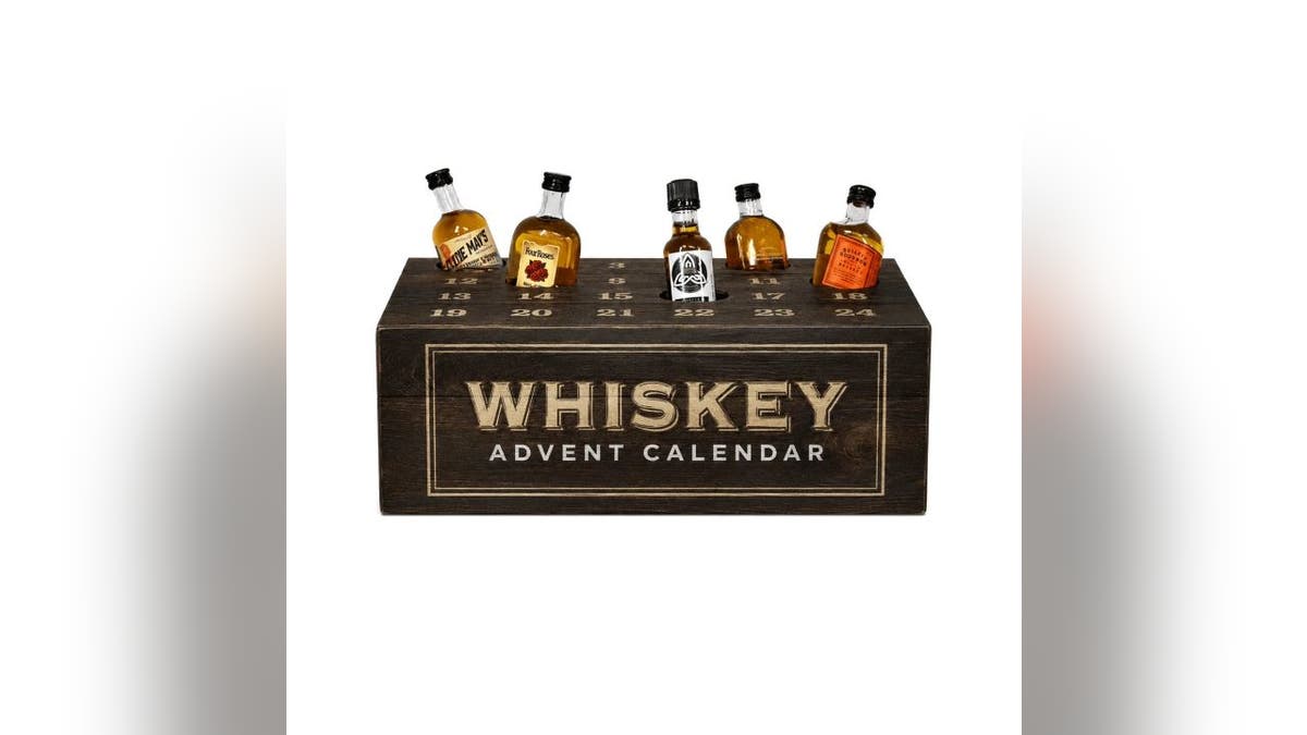 This calendar includes mini whiskey samples.