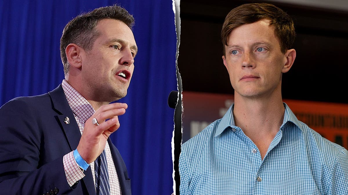 Alt-text: Iowa gubernatorial candidate Zach Lahn, left, speaks at a Trump rally, and Democratic candidate Rob Sand, right, speaks to an audience