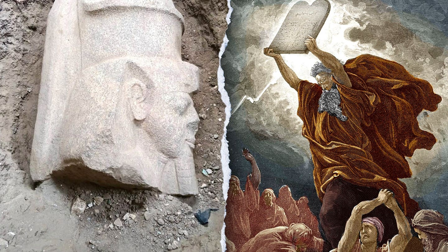 Split image of statue head, illustration of Moses