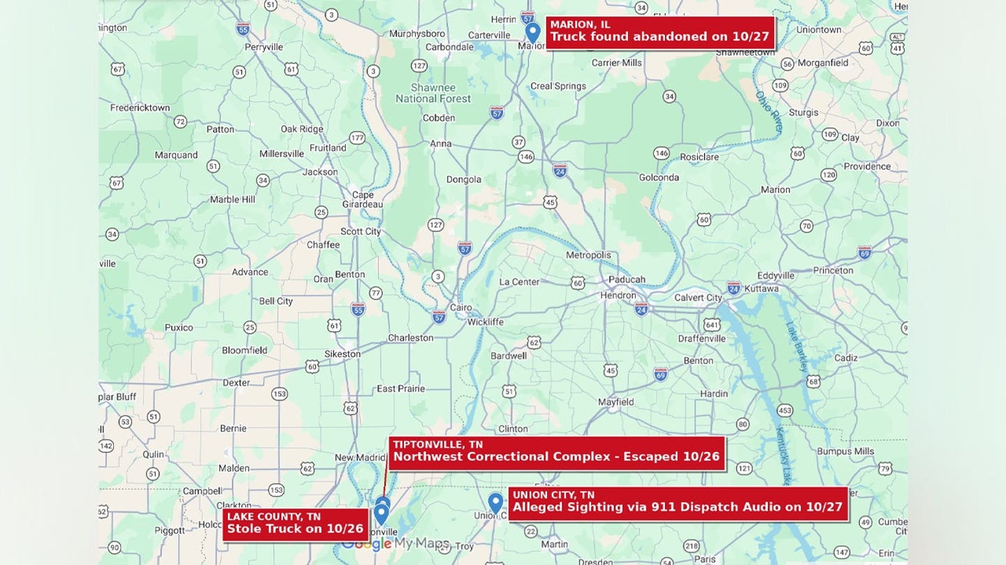 Map showing the Northwest Correctional Complex in Tiptonville, Tennessee, where convicted murderer Jacob Allen Morley escaped Oct. 26; Lake County, where a truck was stolen; Union City, where a possible sighting was reported; and Marion, Illinois, where the truck was found abandoned Oct. 27.