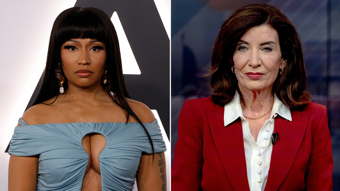 Nicki Minaj attends a premiere in Washington, D.C., alongside an image of Kathy Hochul and Bruce Blakeman at a debate.