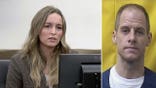 Split image showing Alleigha Botner testifying in court on the left and convicted wife killer Caleb Flynn in a blue prison uniform against a yellow background on the right.