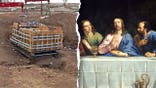 Split image of mikveh removed with crane, Jesus at Last Supper
