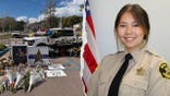 Split image showing flowers, photographs and tributes surrounding a sheriff's patrol truck on the left, alongside a portrait of Deputy Katherine Frank smiling in uniform beside an American flag on the right.