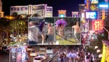 Composite image showing two scenes from a confrontation between a shirtless man and a woman in a purple feathered showgirl costume, over a nighttime view of the Las Vegas Strip.