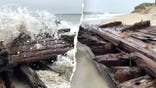 Split image of waves hitting shipwreck, shipwreck on sands