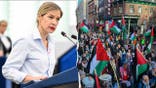 Left: MEP Céline Imart. Right: Pro-Palestine protest, 2026 Amstersam