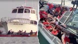Split image shows a vessel intercepted off Newport Beach and a group wearing life jackets aboard a CBP boat.