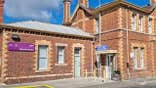 Exterior of Stawell railway station in Victoria, Australia, showing the historic brick building
