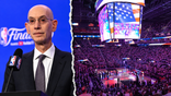 Split image of NBA Commissioner Adam Silver and Chase Center displaying the American flag during the WNBA Finals national anthem.