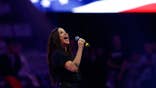 Alanis Morissette signs the national anthem before Game 2 of the WNBA Finals at Chase Center.