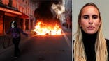 Almudena Garcia appears on America's Newsroom; an image of a rioter and a fire on the street appears beside her