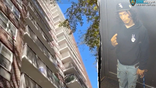 Bronx apartment building alongside an NYPD image of Angel Carrasco, wanted in connection with a fatal balcony incident