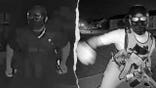 Side-by-side black-and-white surveillance images show two masked individuals outside homes at night, including one wearing a tactical-style vest and holding what appears to be a rifle.