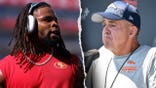 Split image of Dre Greenlaw on the left in San Francisco 49ers gear and Denver Broncos head coach Sean Payton on the right speaking into a microphone.