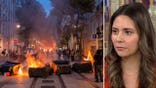 Flames engulf a street in France in one image while NY Post reporter Gabrielle Fahmy appears on the right
