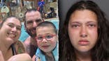 image shows split of family and mugshot of woman