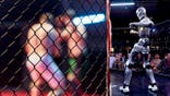 A humanoid robot is pictured next to a cage fight.