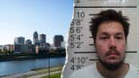 Composite image showing the Des Moines, Iowa, skyline alongside a booking photo of Andrew Darrick Tanaka, 27, who faces attempted murder charges