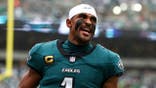 Jalen Hurts screams before an NFL game at Lincoln Financial Field.