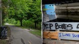 split image of trail on left, memorial on right