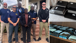 FBI personnel outside a building in Ghana alongside photos of stacked laptops and smartphones