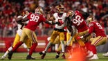 SANTA CLARA, CALIFORNIA - OCTOBER 19: Jayden Daniels #5 of the Washington Commanders throws a pass during the third quarter against the San Francisco 49ers at Levi's Stadium on October 19, 2026 in Santa Clara, California. (Photo by Brooke Sutton/Getty Images)