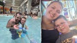 image shows split of family at waterpark