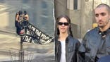 image shows split of climbers on left, and couple outside court on right