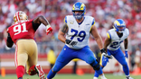 Rob Havenstein of the Los Angeles Rams blocks during an NFL game.
