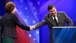 Susan Collins, right, shakes hands with Troy Jackson as the two arrived at Thursday's debate