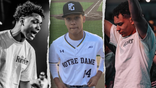 three split collage of a tan curly haired young man preaching on stage on the left, in a baseball uniform at the center, and worshipping during a church service with his hands in the air on the right