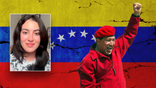 venezuela flag background with chavez, call out box on left with brunette hispanic woman