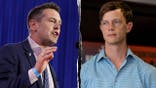 Alt-text: Iowa gubernatorial candidate Zach Lahn, left, speaks at a Trump rally, and Democratic candidate Rob Sand, right, speaks to an audience