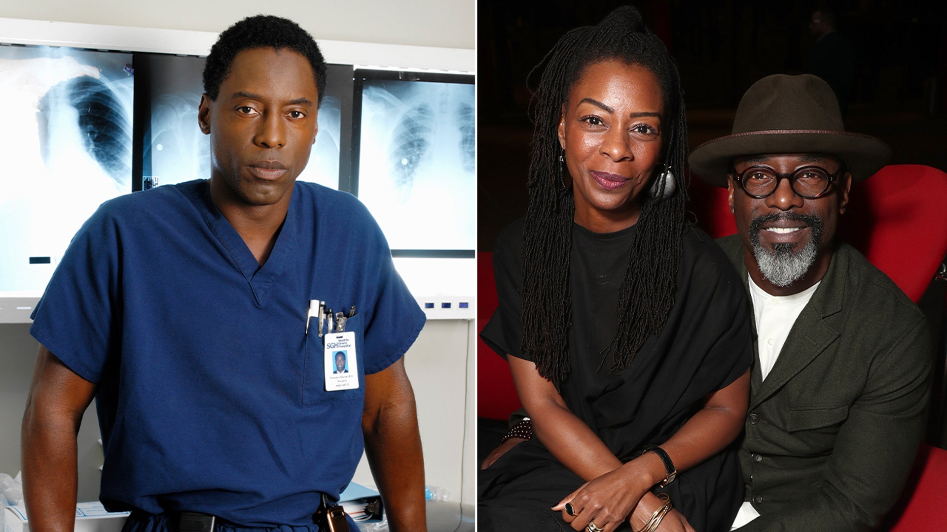 A split image of Isaiah Washington as Dr. Burke and with his wife.