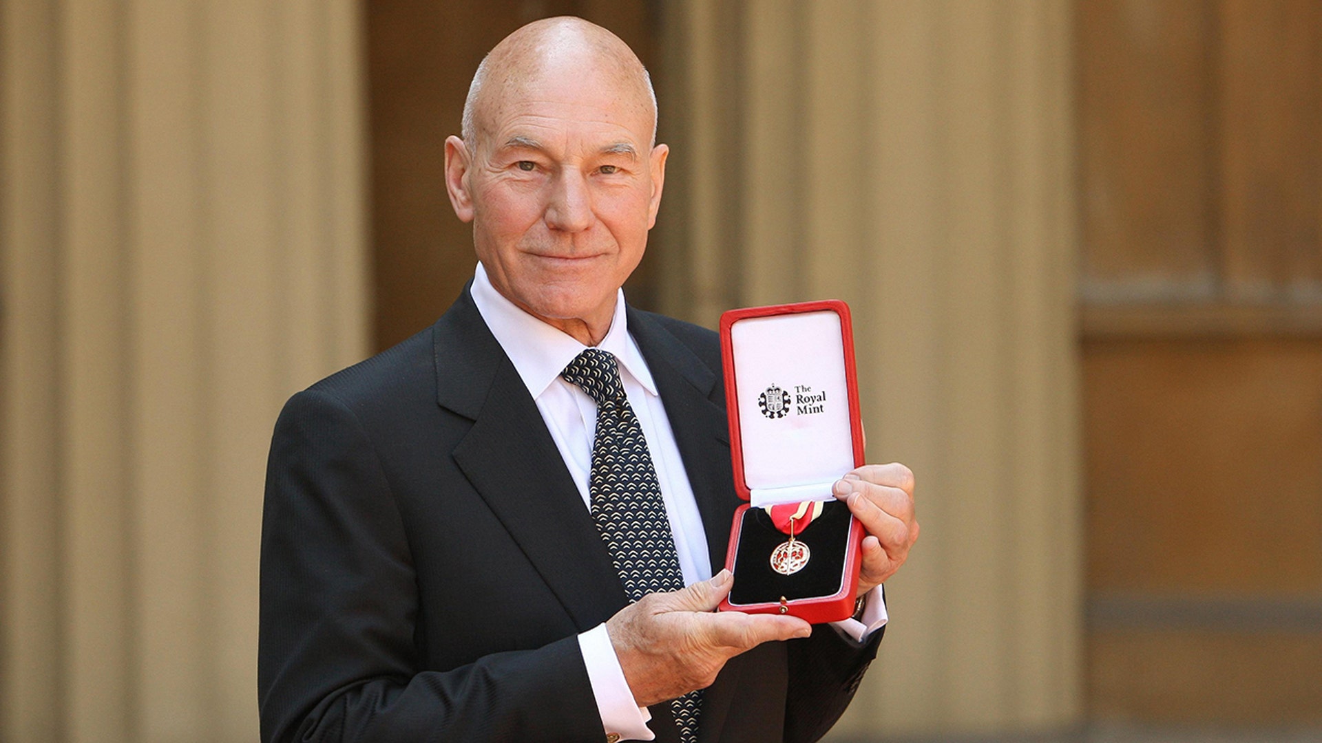 Patrick Stewart at his knighting ceremony at Buckingham Palace in June 2010.