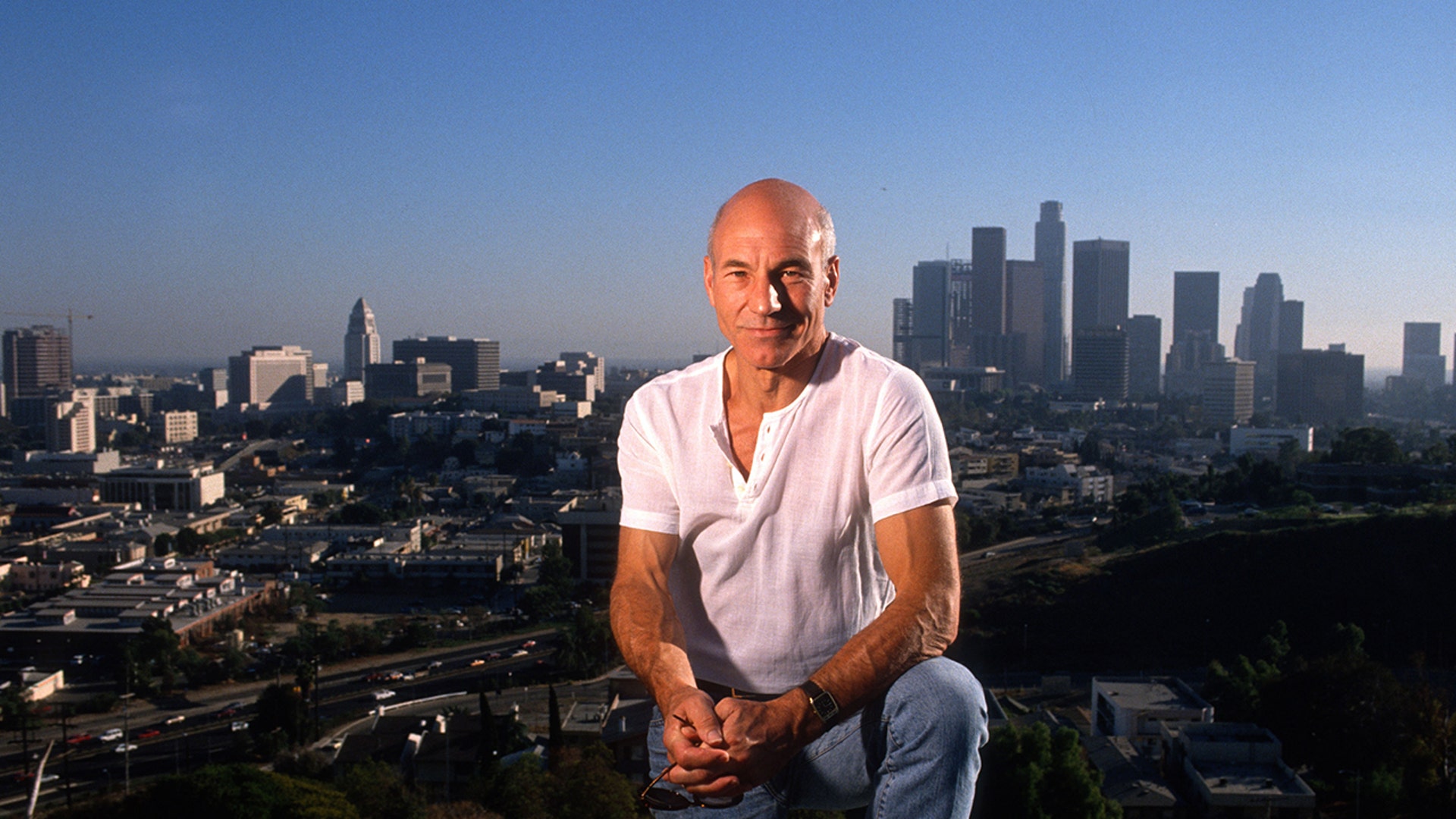Patrick Stewart posing for a photo while at Dodger Stadium in April 1990.
