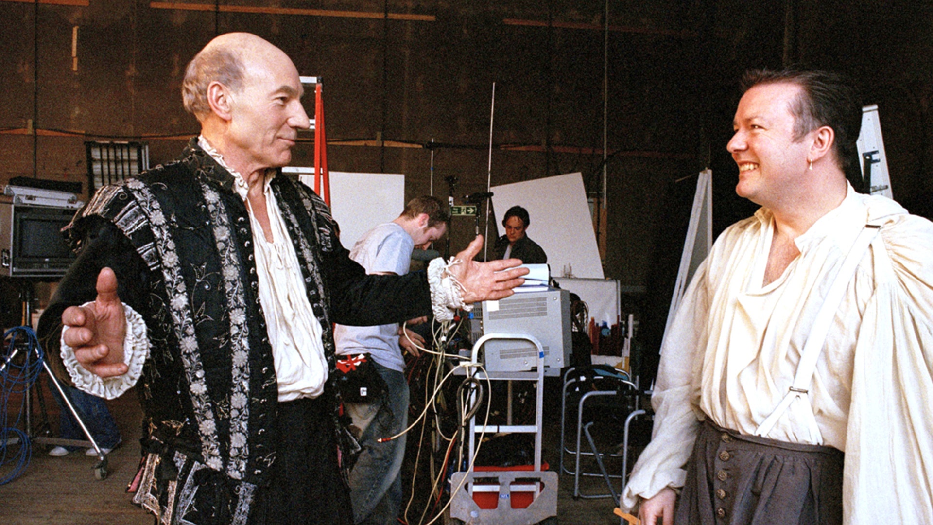 Patrick Stewart and Ricky Gervais on set of the first season of "Extras" in 2005.