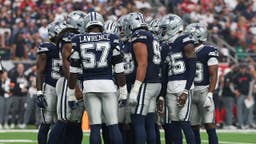 Dallas Cowboys defenders huddle up during an NFL game between the Houston Texans and Dallas Cowboys on Oct. 4, 2026, at Reliant Stadium in Houston, Texas.