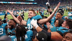 Jacksonville Jaguars place kicker Cam Little celebrates after scoring the winning field goal during an NFL football game against the Philadelphia Eagles in London on Sunday, Oct. 11, 2026.