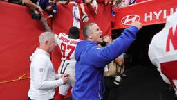 New York Giants head coach John Harbaugh reacts after defeating the Houston Texans in overtime at Reliant Stadium on Oct. 25, 2026.