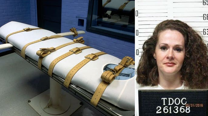 A composite image shows a lethal injection gurney and a Tennessee Department of Correction booking photo of Christa Pike, the death row inmate whose attorneys say she remains hospitalized after a failed execution attempt.